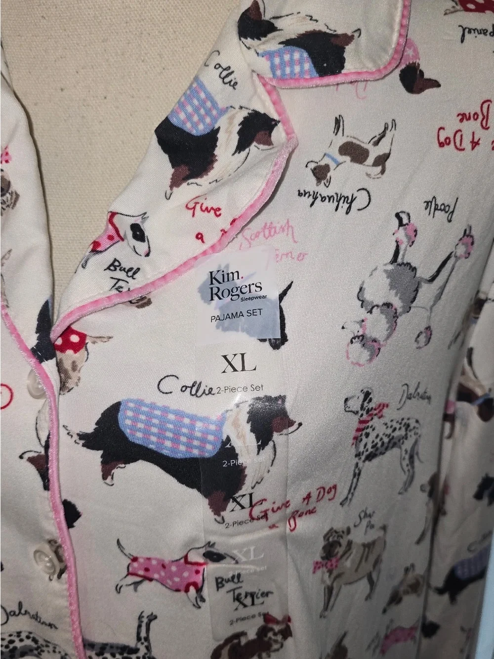 Kim Rogers Cream Pajama Set with Multicolor Dog Motif